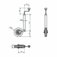 Anhänger Abstellset – Stützrad, 2 Rohrstützen 600/700 mm, 3 Klemmschellen und 2 Radkeile.