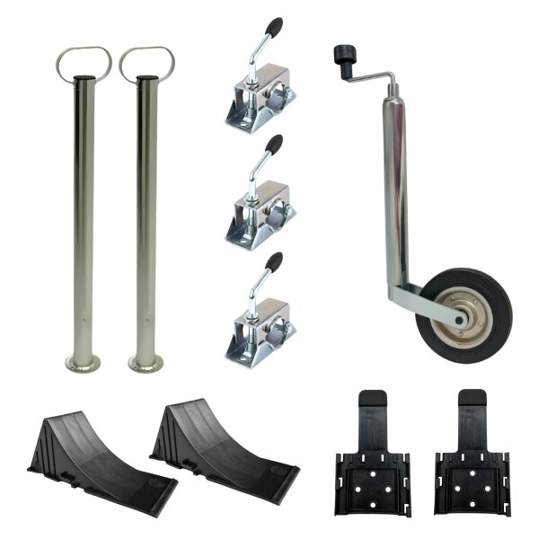 Anhänger Abstellset Komplettset – Stützrad, 2 Rohrstützen 700 mm, 3 Klemmschellen und 2 Radkeile