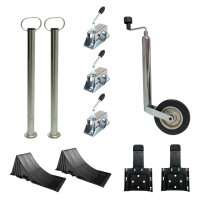 Anhänger Abstellset Komplettset – Stützrad, 2 Rohrstützen 700 mm, 3 Klemmschellen und 2 Radkeile